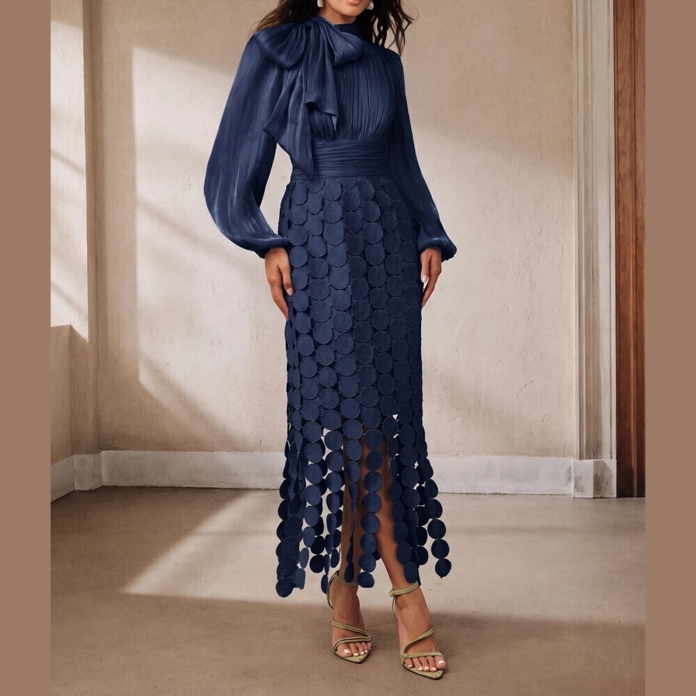 Navy Blue Bow Tie Neck Long Sleeve Circle Cutout Fringe Hem Sheer Maxi Dress